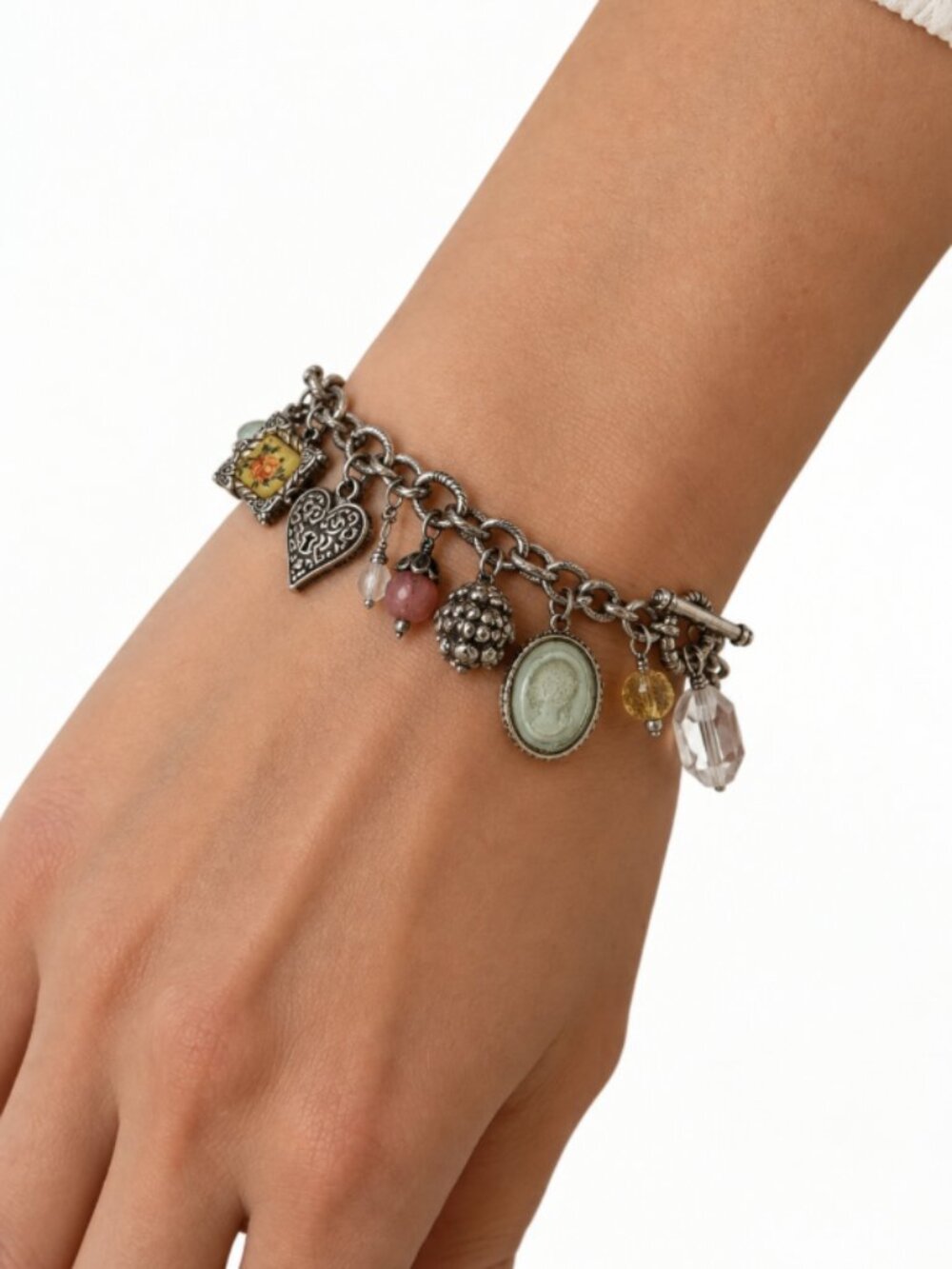 Retired Rare Brighton Whimsical Y2K Bella Vita Rose Heart Silver Bracelet